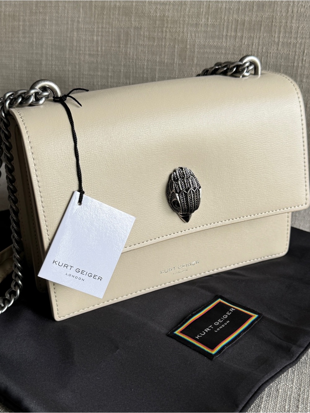 Kurt Geiger Shoreditch Cream Leather Chain Shoulder Bag Crossbody Eagle Head